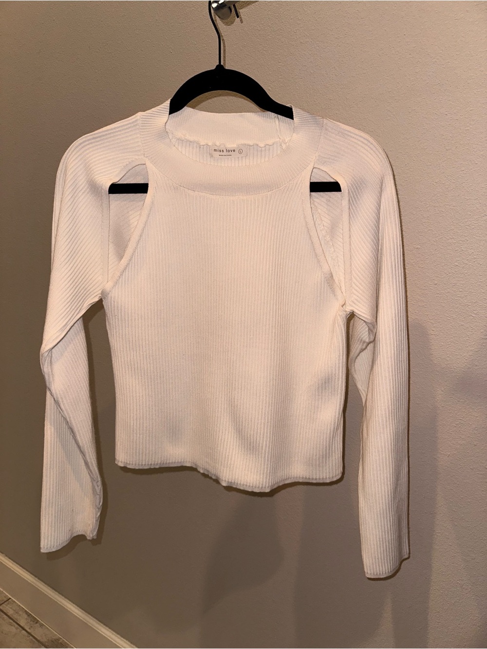 Miss Love White Ribbed Long-Sleeve Cutout Top